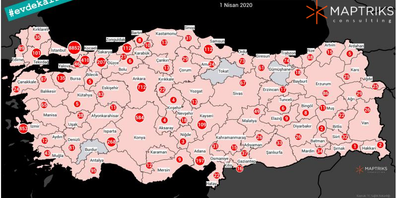 Korona virüsü covid-19 hastalığında illere göre korona vaka haritası